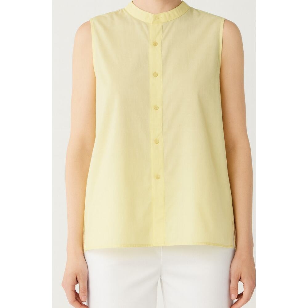 Eileen Fisher Organic Cotton Sleeveless Shirt Mandarin Collar Yellow Large NWT